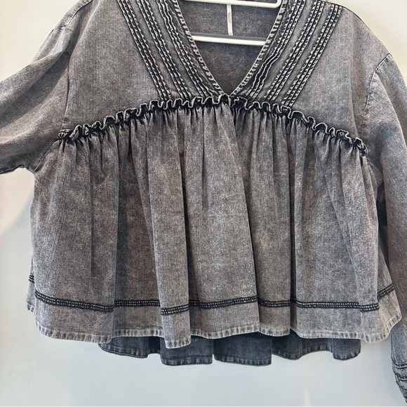 We The Free Free People charlotte smock top washed denim black peplum blouse top - Picture 7 of 15